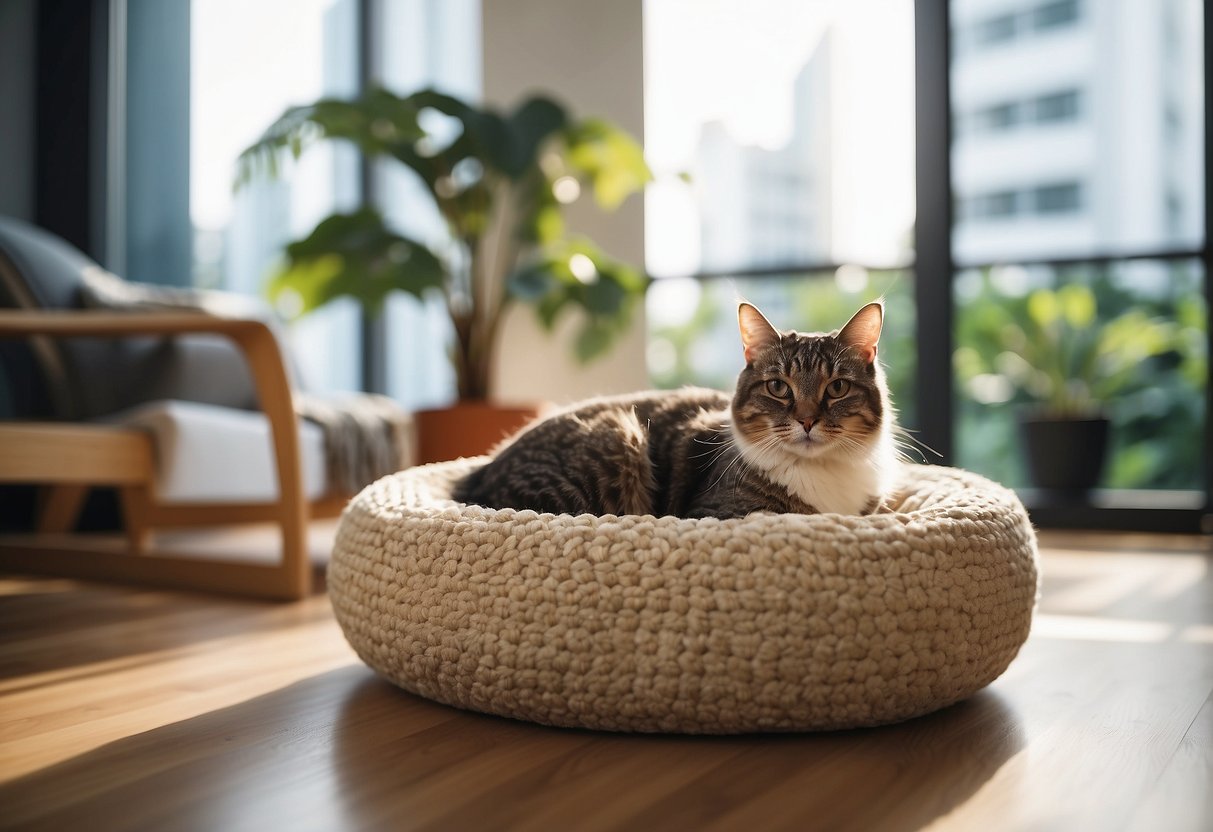 A cozy living room with modern pet furniture in Singapore. Bright natural light streams in through large windows, illuminating a comfortable pet bed and stylish scratching post