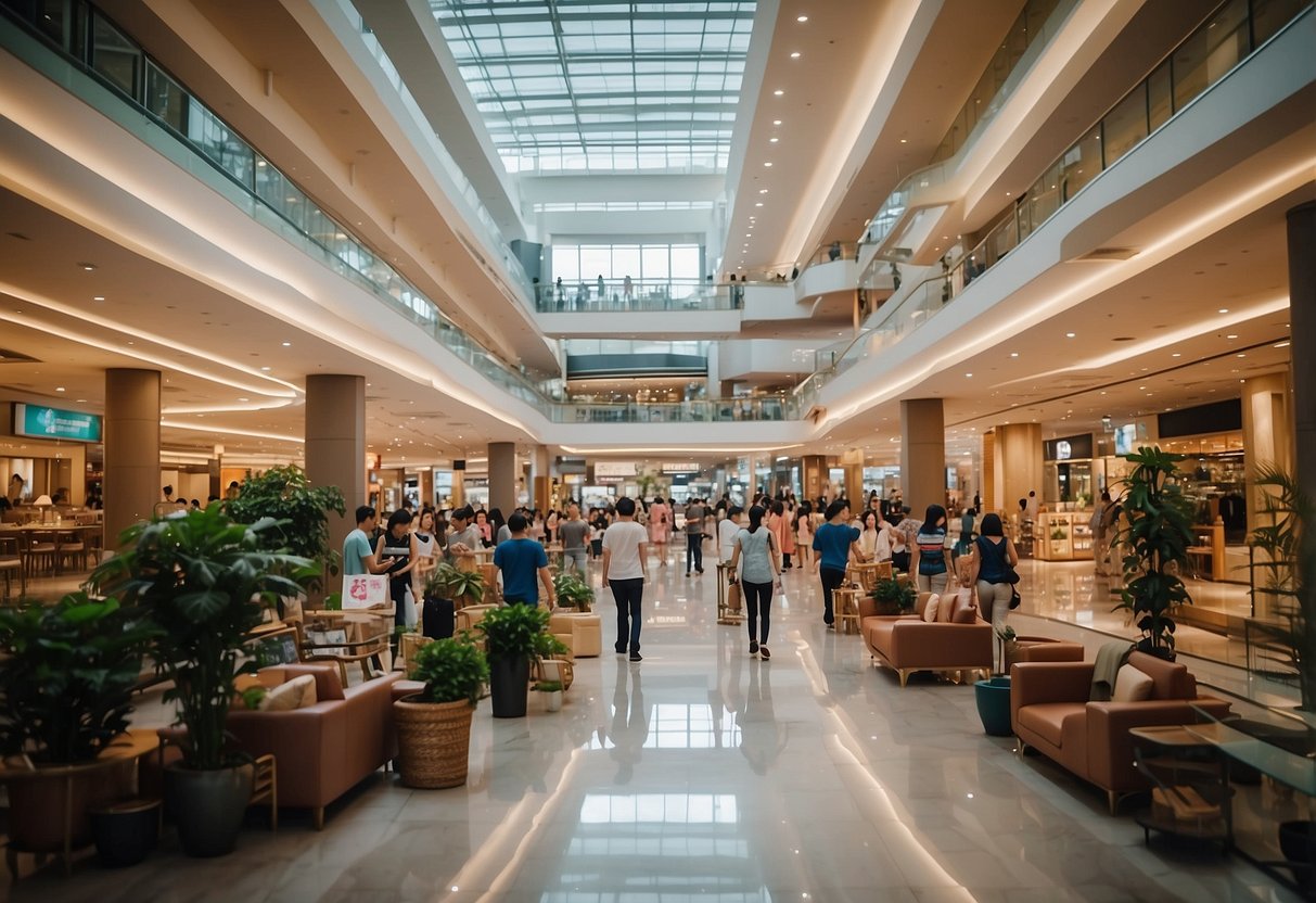 A bustling furniture mall on Toh Guan Road, filled with vibrant displays and eager shoppers