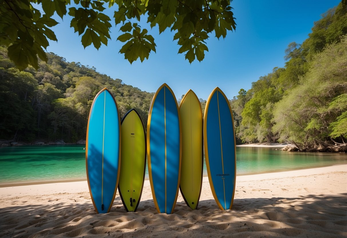 Crystal-clear water reflects the vibrant blue sky. Five sleek paddleboards rest on the sandy shore, surrounded by lush green trees and a gentle breeze