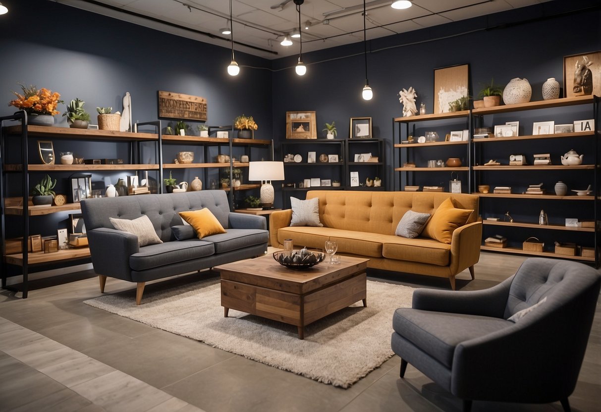 A room with various furniture options displayed in a showroom or store, with signs indicating where to purchase each item