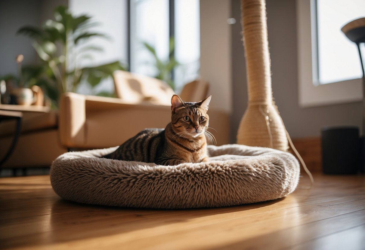 A cat lounges on a plush pet bed while a dog investigates a sturdy scratching post. Various pet furniture options are displayed in a well-lit showroom
