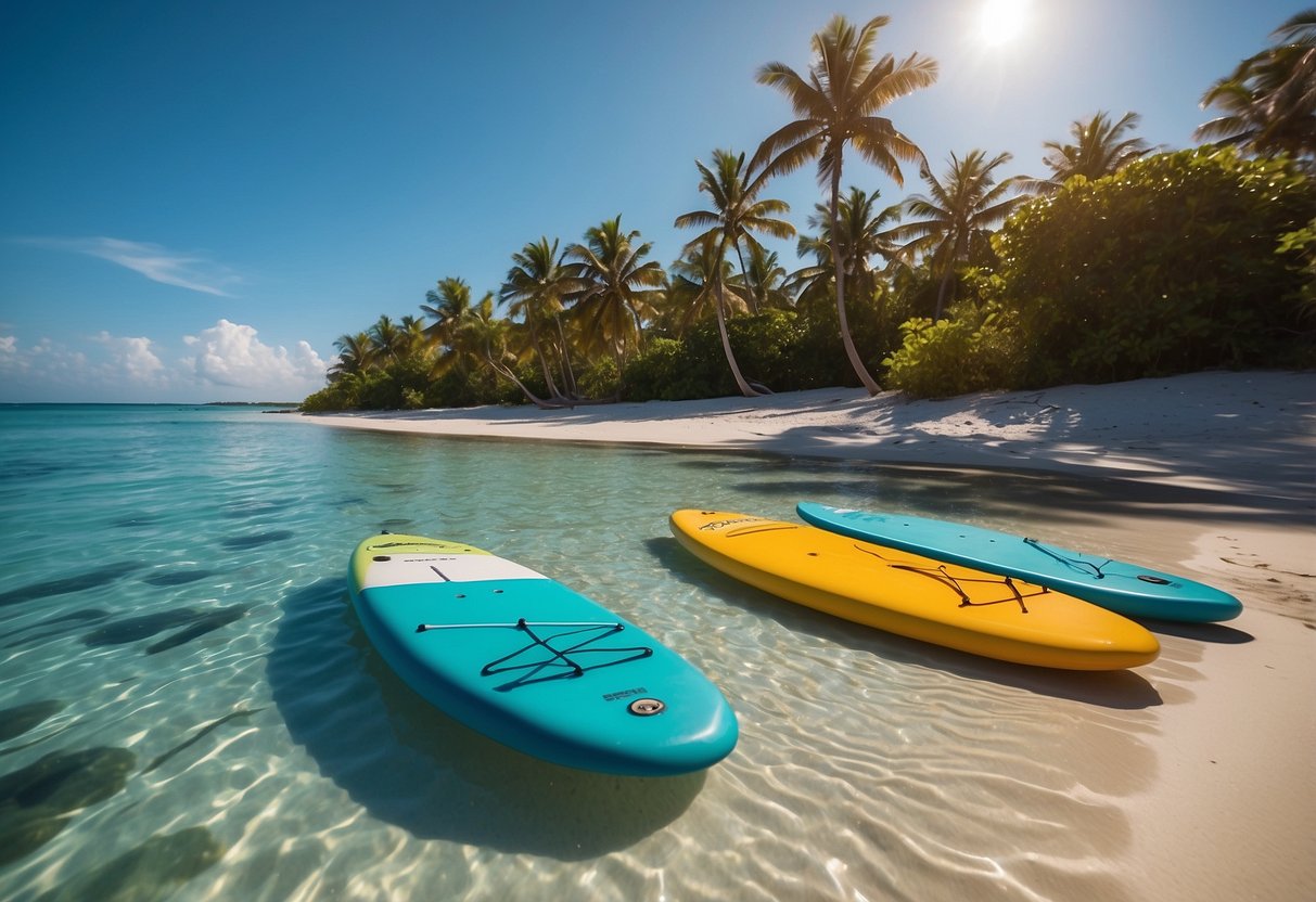 Crystal-clear water surrounds a small, sandy atoll. Five colorful paddles lay on the shore, ready for stand-up paddleboarding