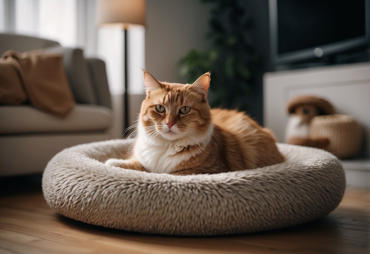 A cat lounges on a plush pet bed in a cozy living room, surrounded by stylish pet furniture and toys. A sleek scratching post and modern pet feeder complete the scene