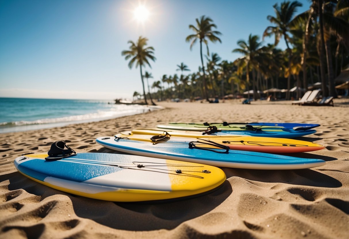 Bright, sunny beach with calm waters. Five colorful stand-up paddleboard paddles laid out on the sand, each with unique features. Blue sky and palm trees in the background