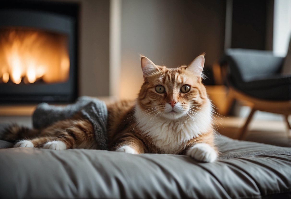 A cozy living room with a variety of pet furniture, including beds, scratching posts, and toys. A cat and dog peacefully lounging in their respective spots
