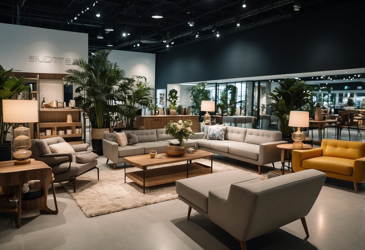 A bustling furniture showroom in Singapore with modern and traditional pieces displayed in well-lit and spacious aisles