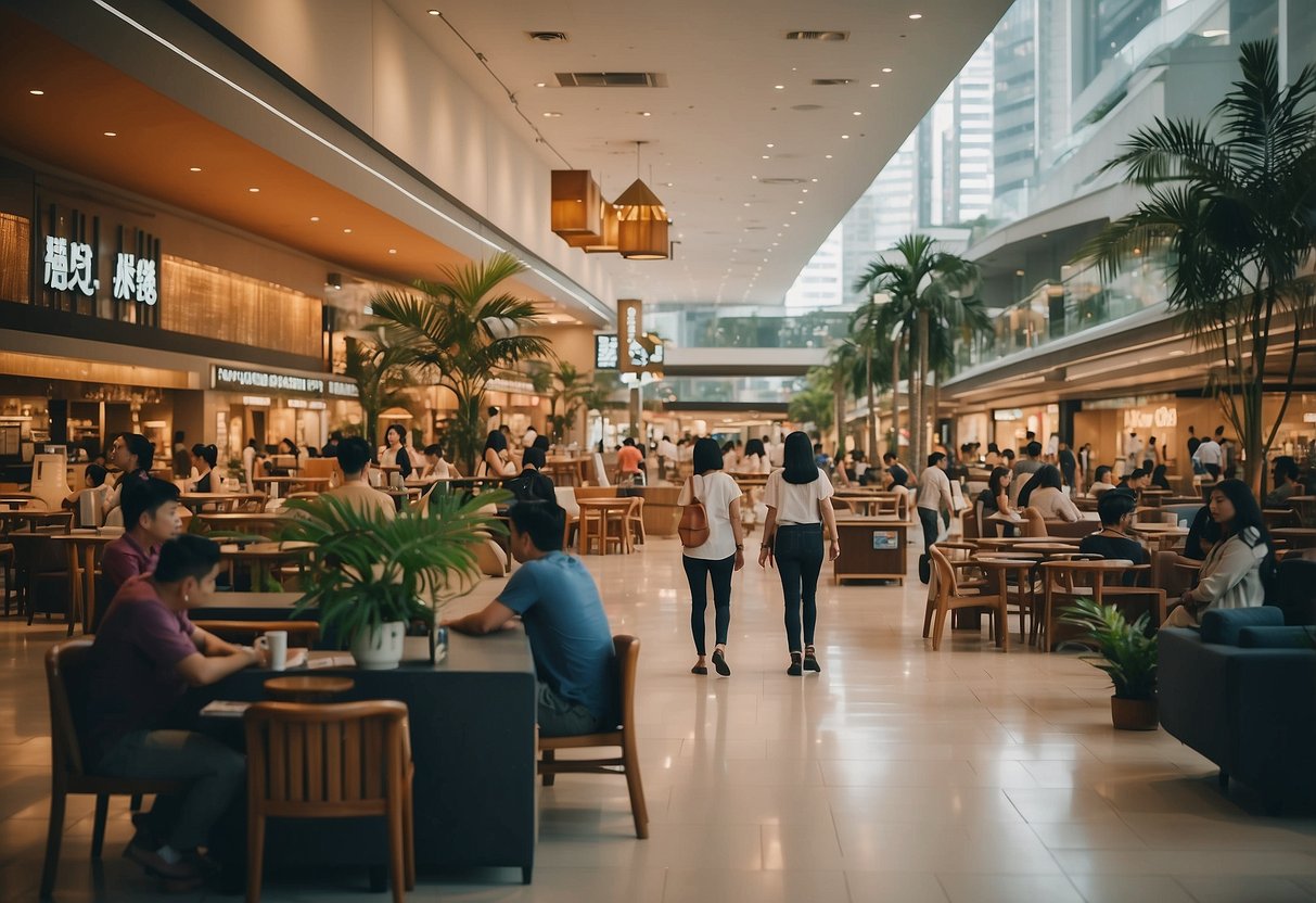 A bustling furniture mall with customers browsing, staff assisting, and signage for frequently asked questions at Toh Guan Road