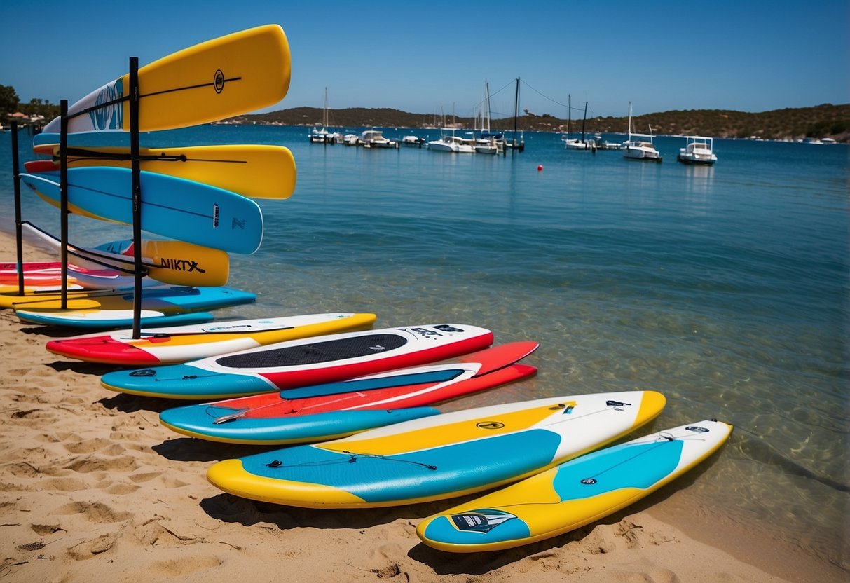 Paddleboards arranged in a circle on calm water, with various obstacles and challenges placed around them. Bright, sunny day with clear blue skies overhead