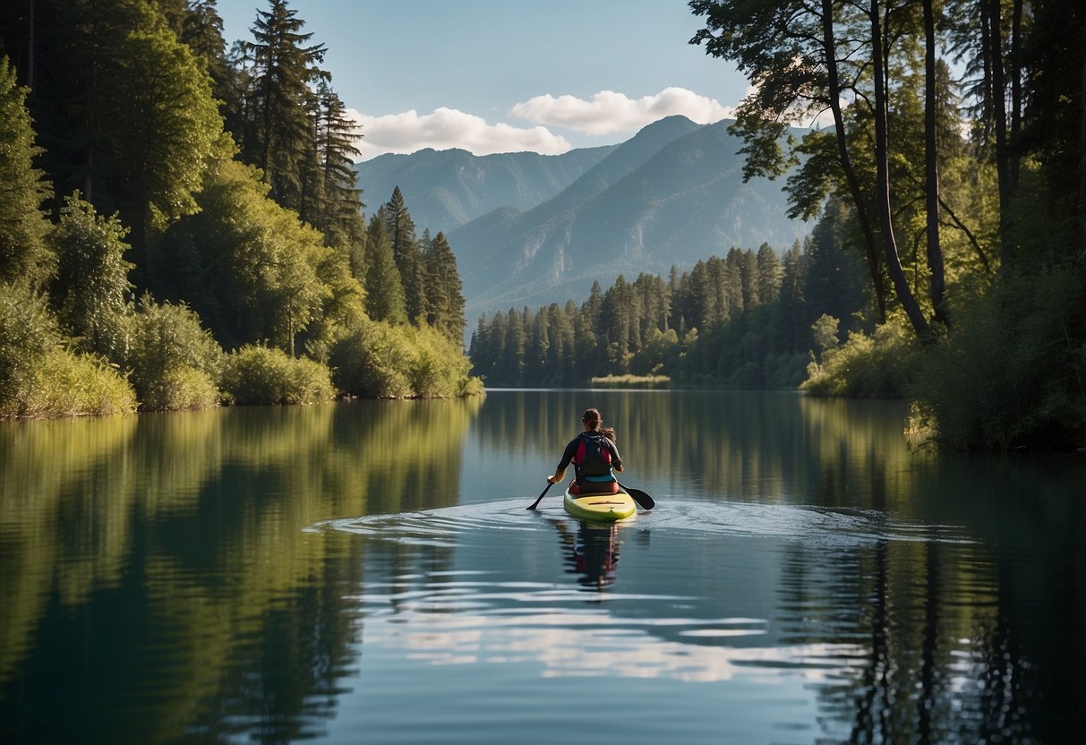 A paddleboarder glides across a serene lake, surrounded by lush greenery and distant mountains, showcasing the challenge of long-distance endurance paddling