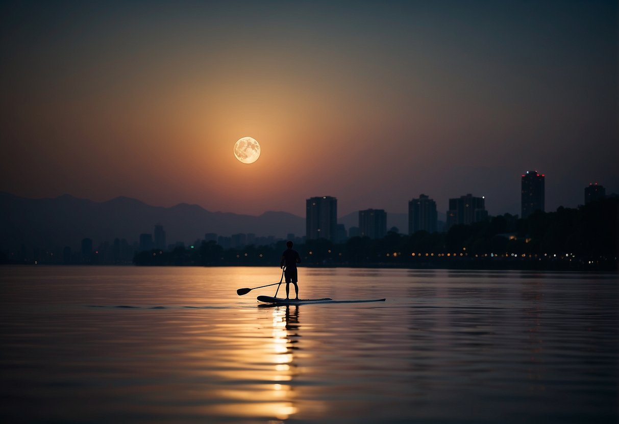 A lone paddleboard glides across the dark water, illuminated by the soft glow of the moon and distant city lights