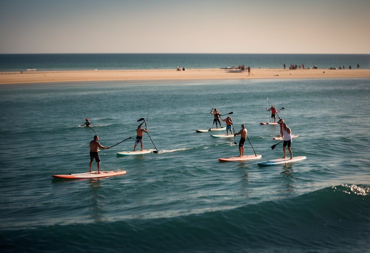 Paddleboarders compete in a SUP fishing competition, casting lines and reeling in catches while navigating the water