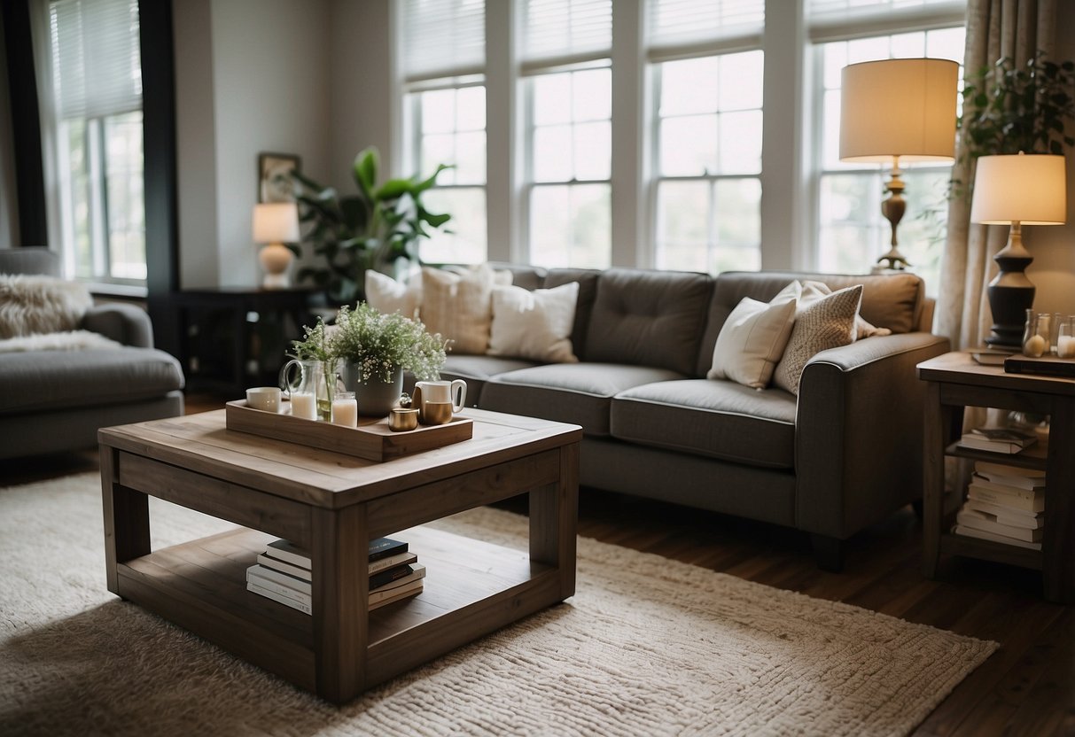 A cozy living room with a variety of modern and stylish furniture pieces, such as sofas, chairs, coffee tables, and bookshelves, creating a welcoming and inviting atmosphere for potential buyers
