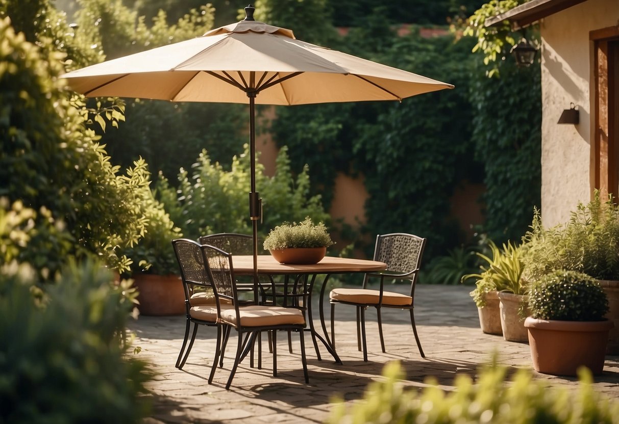 A patio with a table, chairs, and a parasol, surrounded by greenery and bathed in warm sunlight