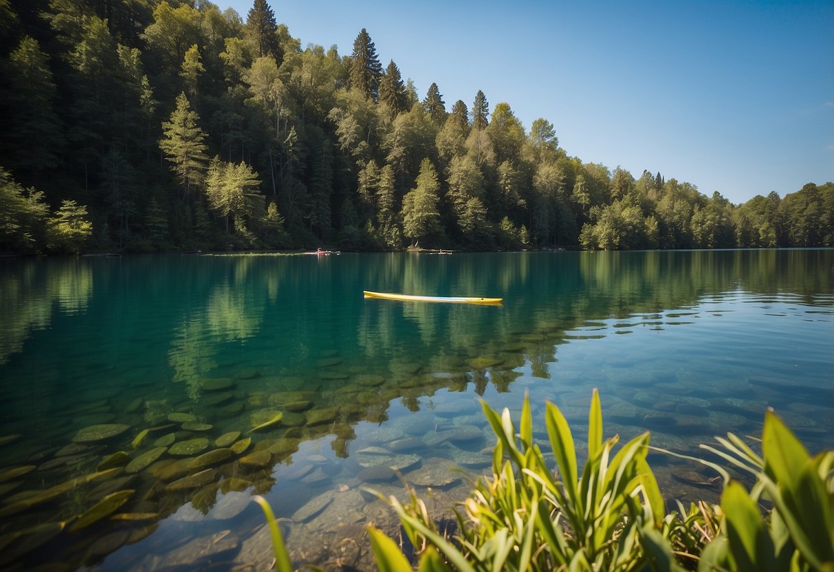 A serene lake with calm waters, surrounded by lush green trees and a clear blue sky. Paddleboards are scattered on the shore, ready for fun challenges