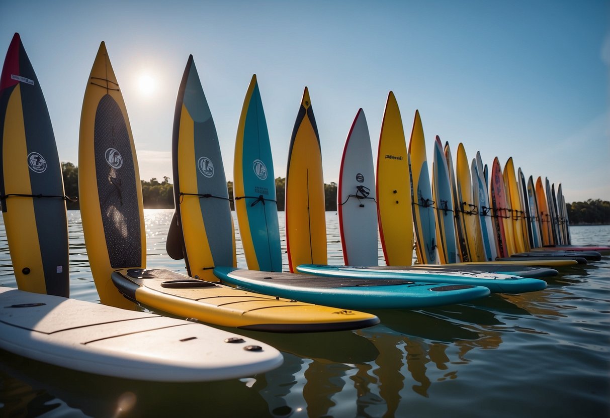 Paddleboards arranged in a line on calm water, with various obstacles and markers set up for challenge courses