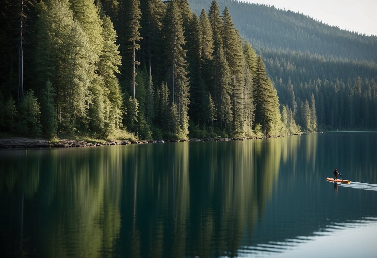 A serene lake surrounded by lush forest, with a paddleboard floating peacefully on the water. A bear can be seen in the distance, observing the scene from the edge of the forest