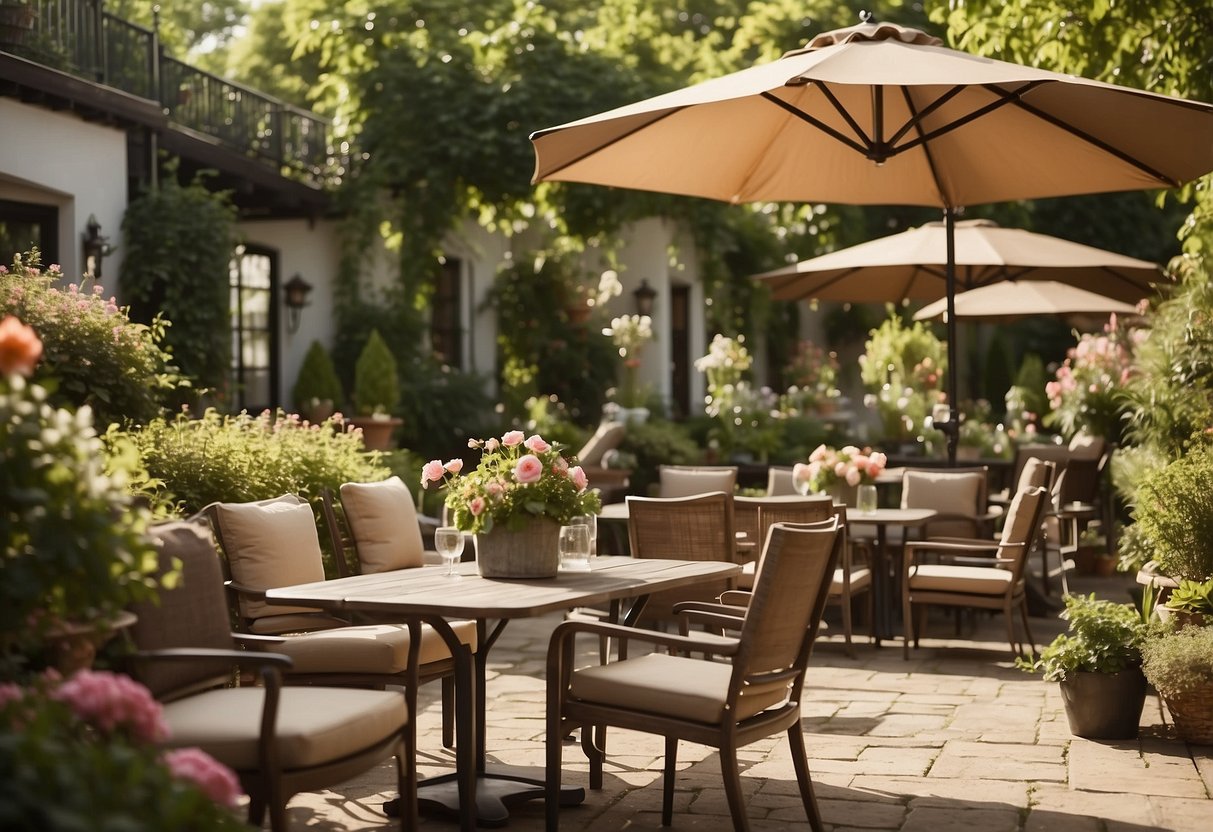 A sunny patio with a variety of outdoor furniture options, including tables, chairs, and umbrellas, set against a backdrop of lush greenery and blooming flowers
