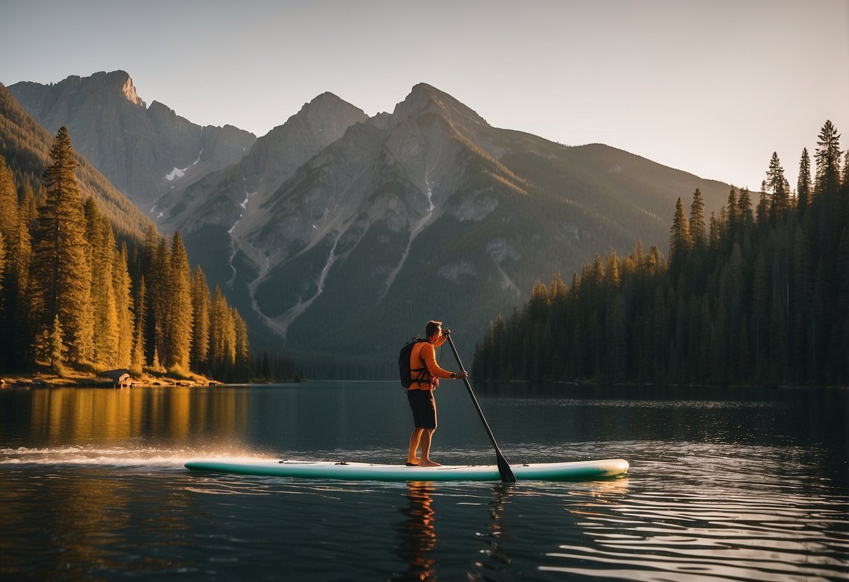 A paddleboarder holds bear spray while gliding on a serene lake, surrounded by towering mountains and dense forests. The sun sets in the distance, casting a warm glow over the tranquil scene