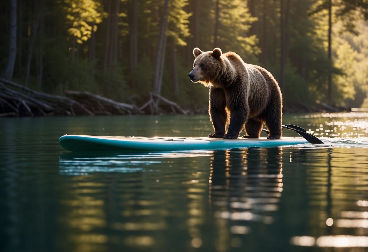 Paddleboard glides through calm water, surrounded by dense forest. Sunlight dances on the surface as ripples break the stillness. A bear watches from the shore, curious about the noise