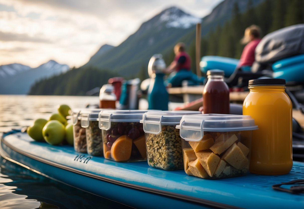 Food stored in bear-proof containers on a paddleboard. Containers are tightly sealed and secured to the board. A bear is seen in the distance, unable to access the food