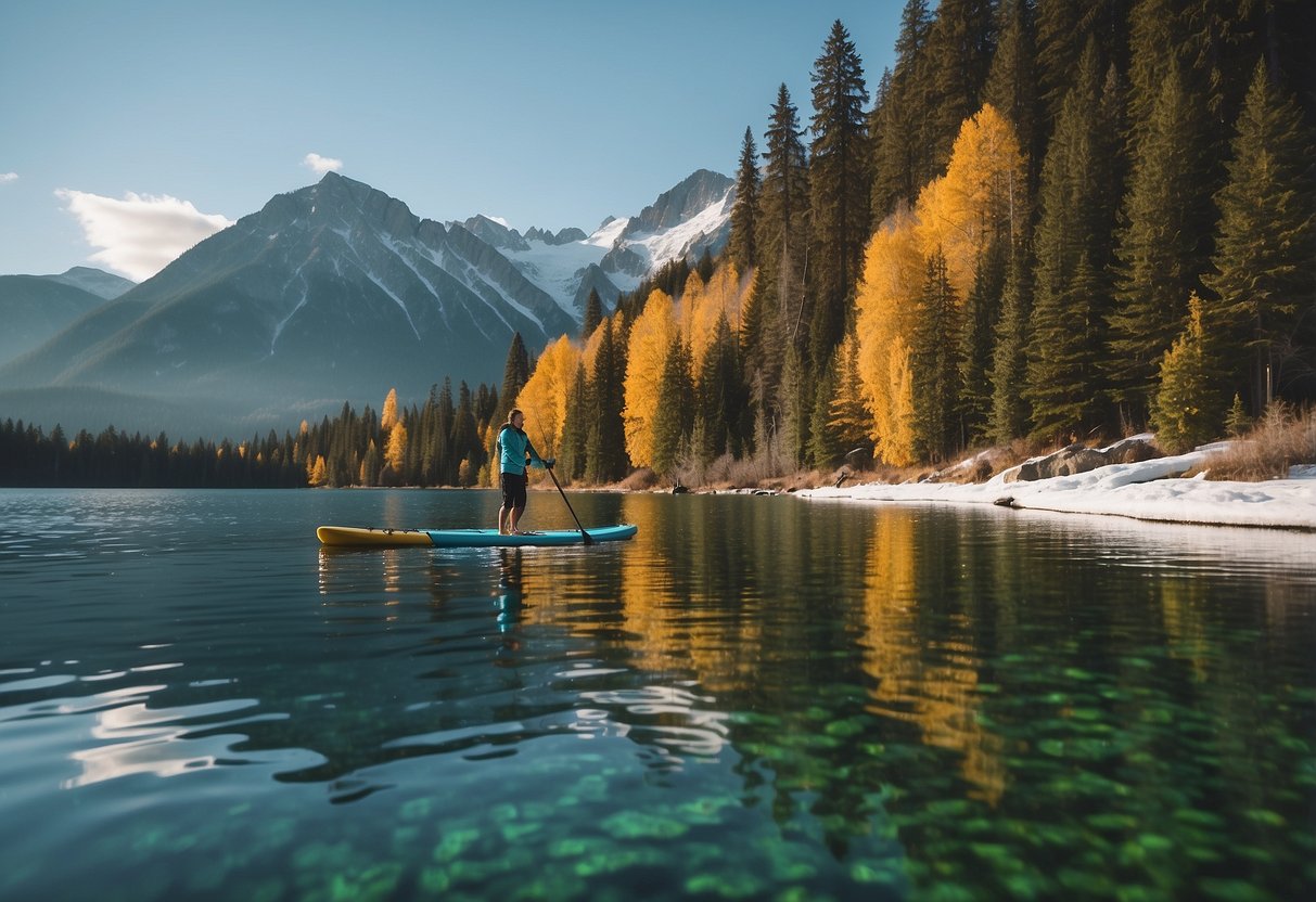 A paddleboarder glides across a tranquil lake, surrounded by lush green trees and snow-capped mountains. They wear bright colors, standing out against the serene natural backdrop