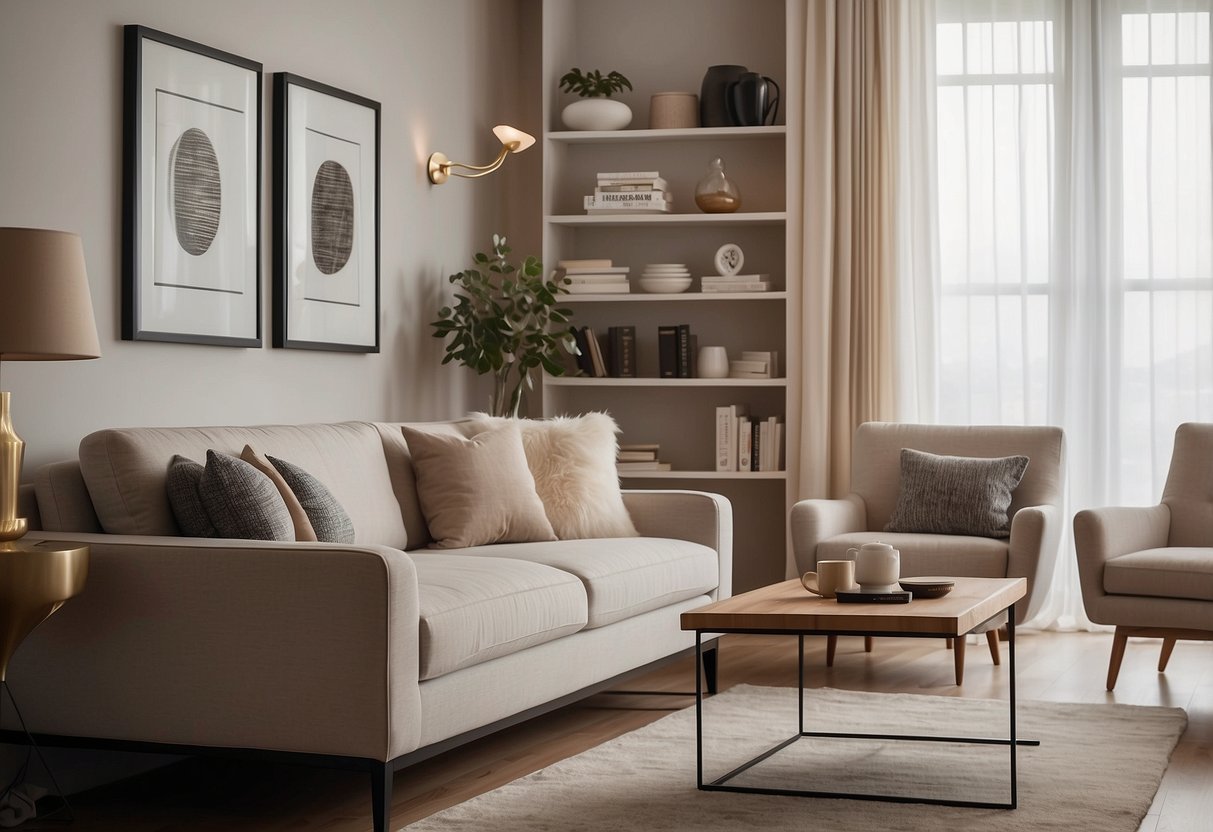 A cozy living room with modern EFL furniture, including a sleek sofa, minimalist coffee table, and stylish bookshelf against a backdrop of soft, neutral walls