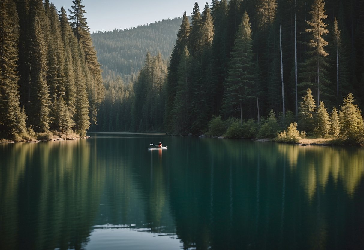 A serene lake surrounded by dense forest, with a warning sign about bears posted on the shore. A paddleboard floats peacefully on the calm water