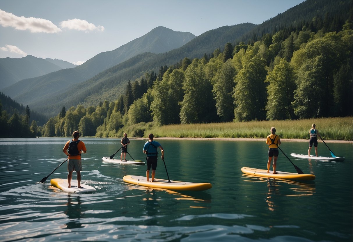 A group of paddleboarders navigate calm waters surrounded by lush green trees and mountains, keeping a watchful eye out for bears as they follow safety tips