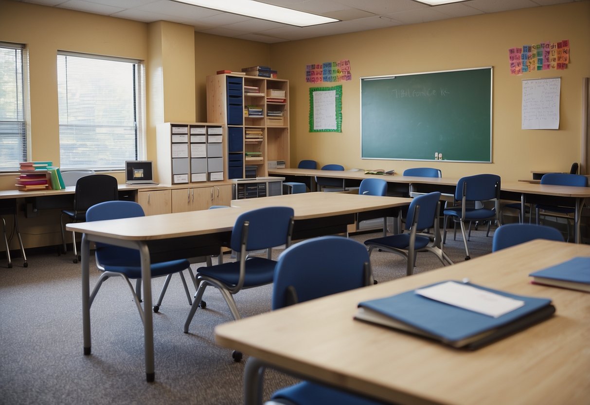 A classroom with desks, chairs, whiteboard, and teacher's desk. Bookshelves and a computer station in the corner. Bright, inviting atmosphere