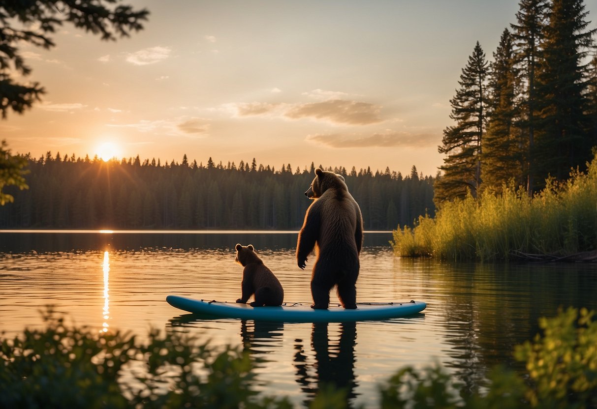 A bear stands on the edge of a calm, forested lake, watching as a paddleboarder glides across the water. The sun is setting, casting a warm glow over the scene