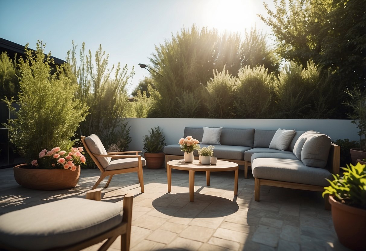 A cozy outdoor patio with modern furniture, surrounded by lush greenery and blooming flowers, with a clear blue sky and warm sunlight streaming in