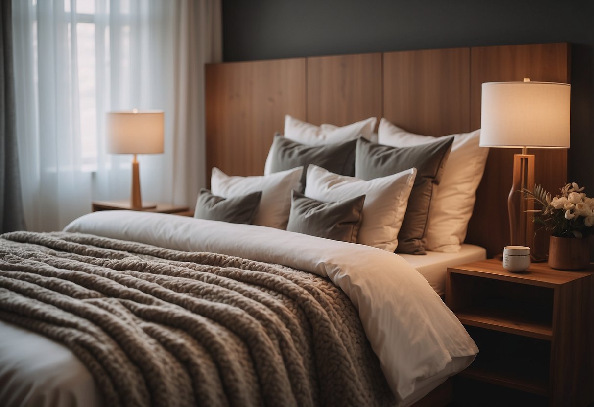 A double bed with a wooden frame and a plush mattress sits in the center of a cozy bedroom, adorned with soft pillows and a warm blanket