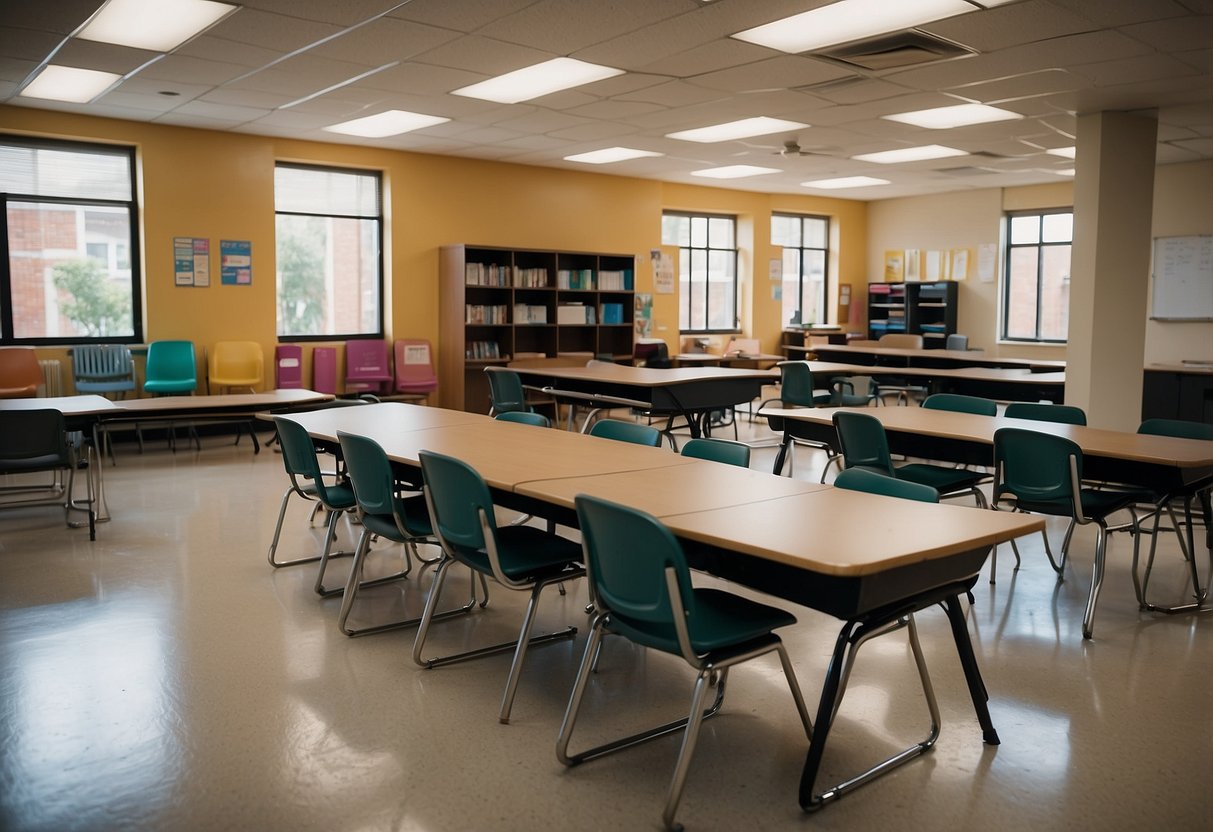A classroom with various furniture items such as desks, chairs, bookshelves, and a teacher's podium. Labels or flashcards with furniture vocabulary are displayed around the room