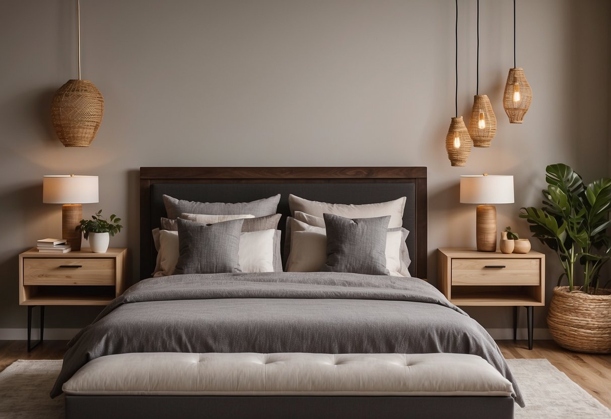 A couple stands in a spacious bedroom, carefully selecting a sturdy double bed frame from a variety of options on display. The room is well-lit, with neutral-colored walls and hardwood floors