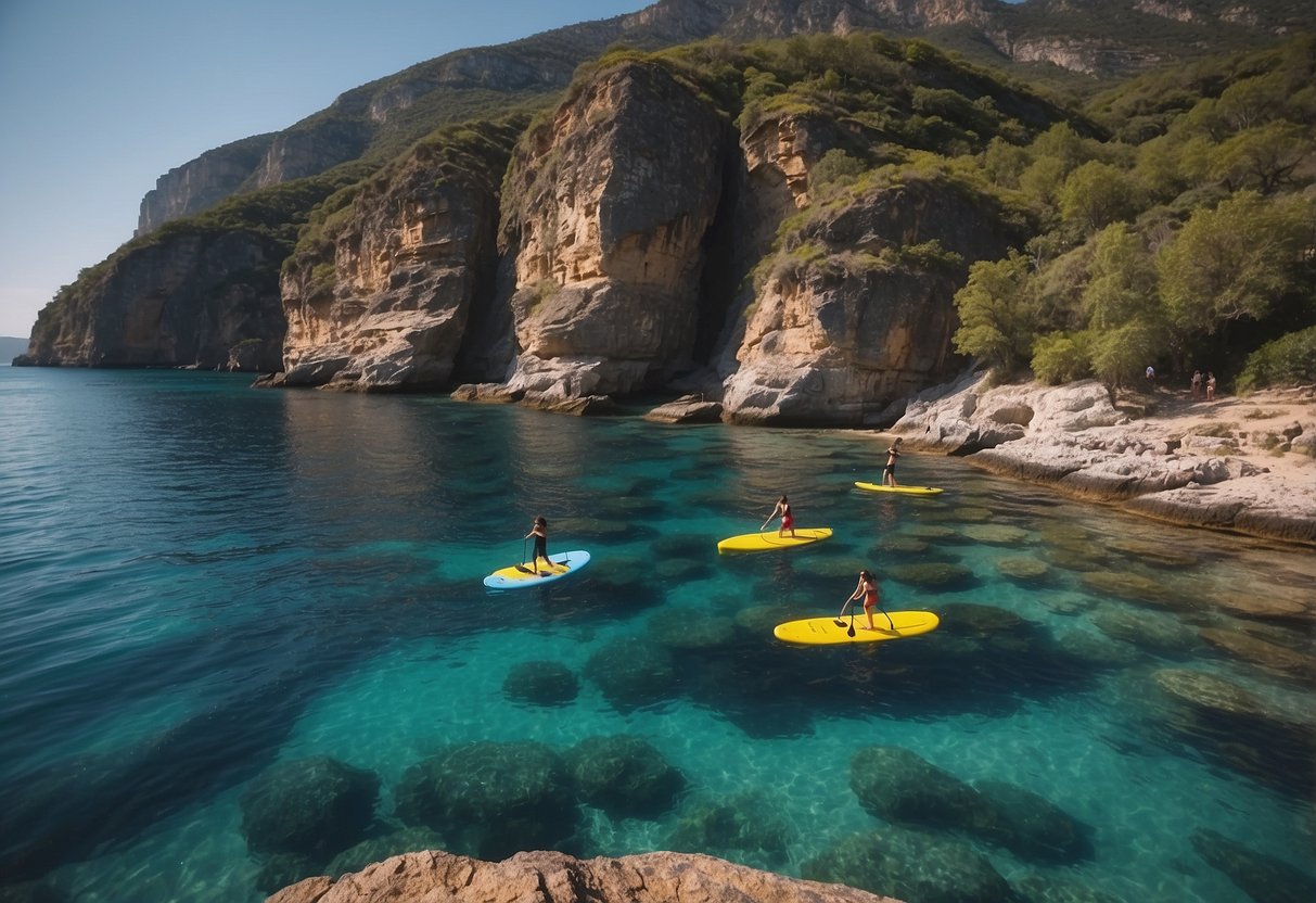 Crystal-clear waters surround the rocky coastline. Colorful paddleboards glide across the serene surface, with distant cliffs and ancient architecture in the background