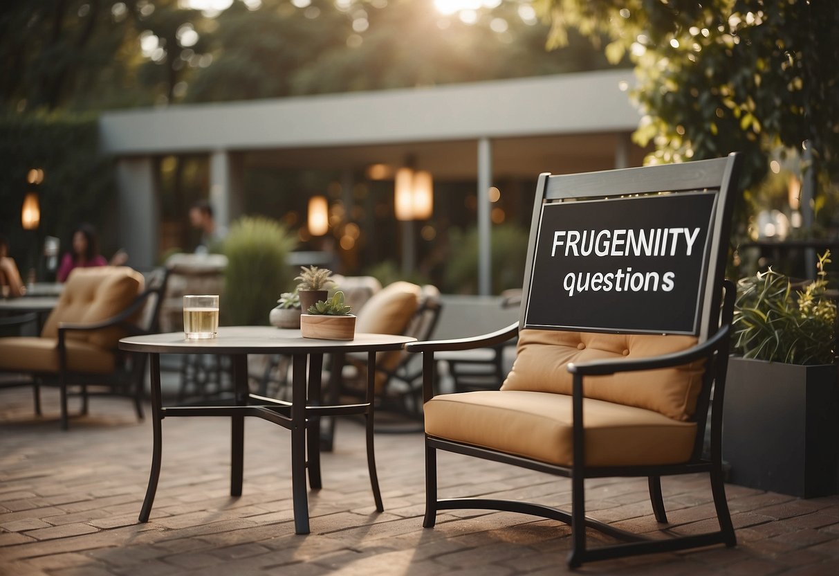 A sign with "Frequently Asked Questions" stands next to outdoor furniture. People relax and chat in the background
