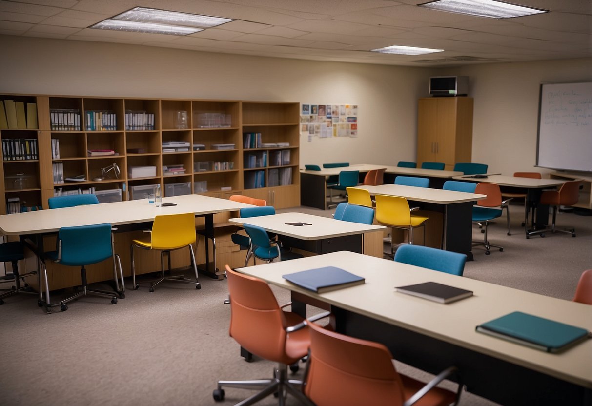 A room with a variety of efl furniture, including desks, chairs, and shelves, arranged neatly in a classroom or office setting