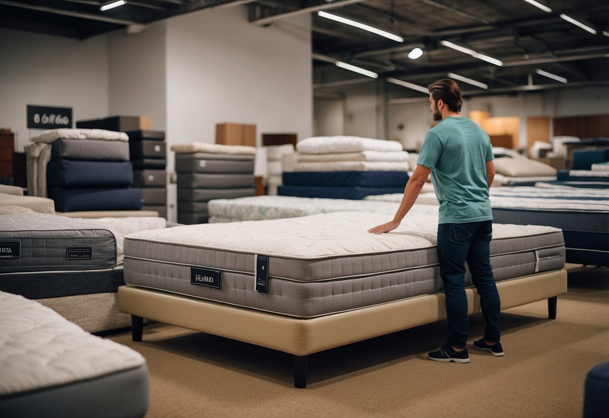 A person comparing prices of double bed frames and mattresses at a furniture store, with a list of measurements and a budget in hand