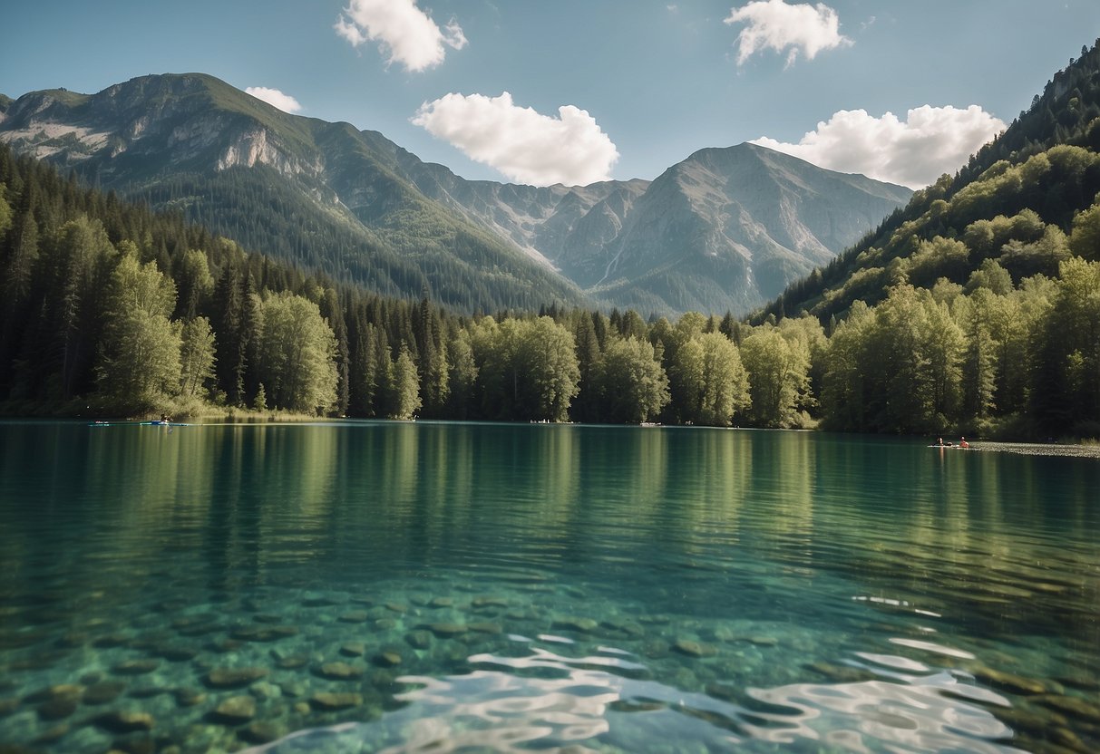 A calm, sunny day on a crystal-clear lake, surrounded by lush green mountains. The water is smooth, perfect for paddleboarding. It's the ideal summer day for this popular water sport in Europe