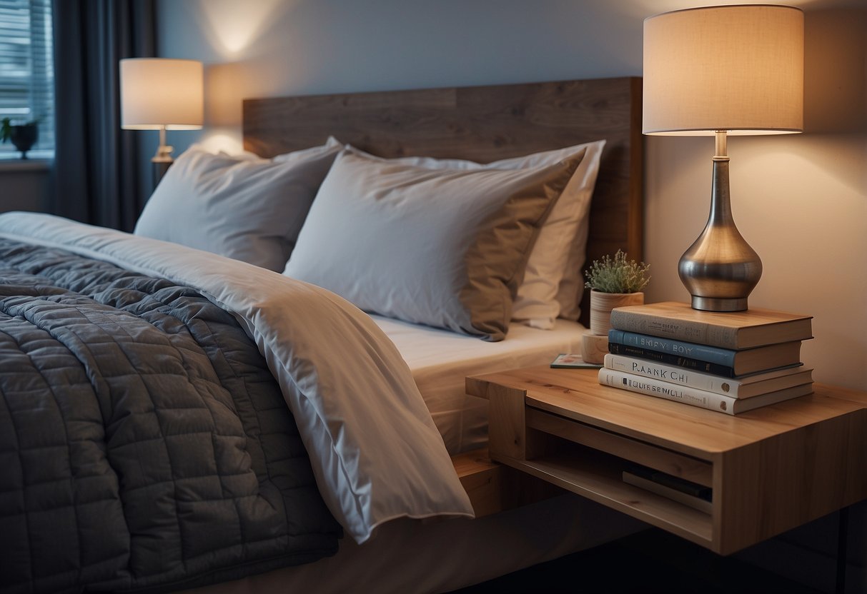 A neatly made double bed with two pillows and a duvet, surrounded by a nightstand with a lamp and a stack of books