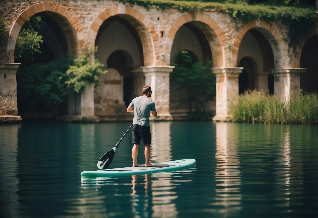 Crystal-clear waters surround a paddleboarder in a serene European lake. Lush greenery and ancient architecture line the shores, creating a picturesque backdrop for a peaceful paddleboarding adventure