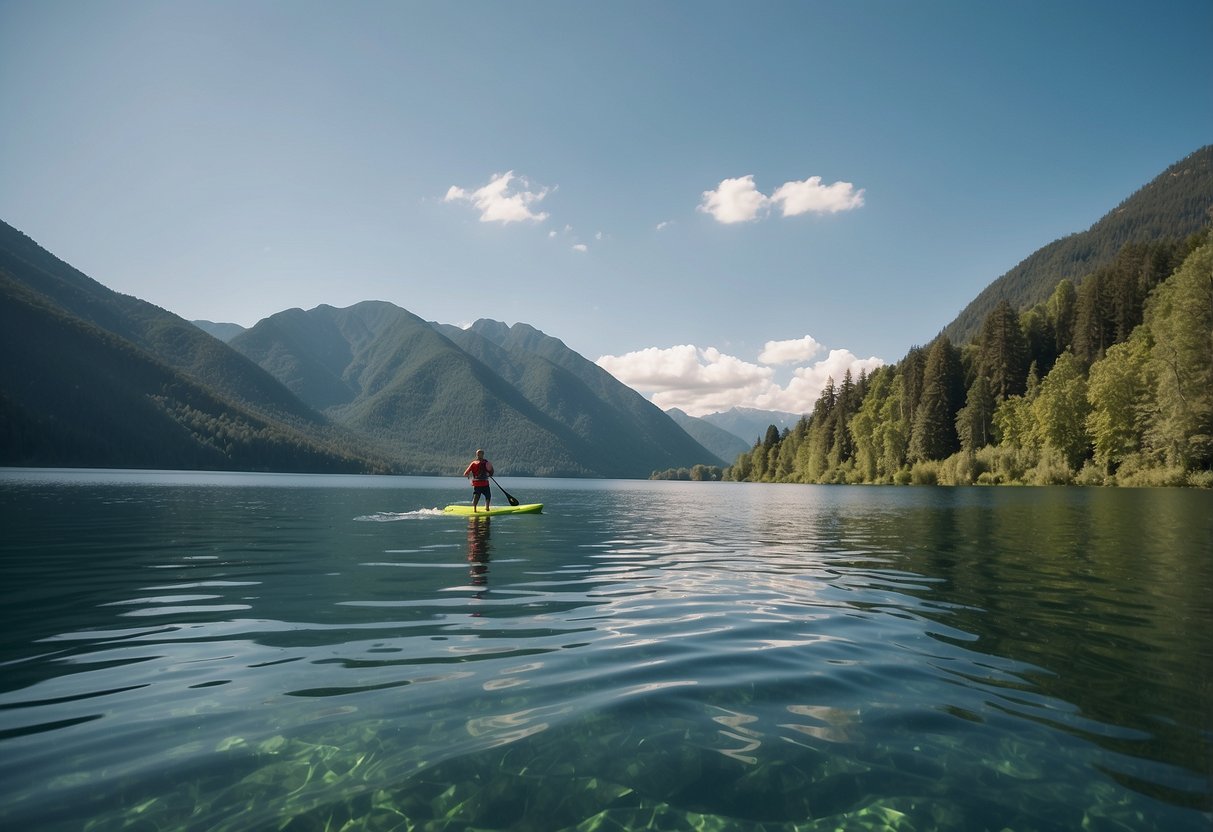 A serene lake with calm waters, surrounded by lush green mountains. A paddleboarder glides across the water, with a clear blue sky above