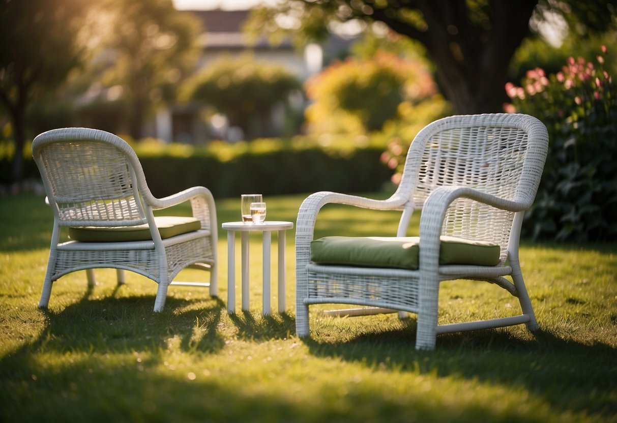 A white cane outdoor furniture set sits on a lush green lawn, surrounded by colorful flowers and dappled sunlight