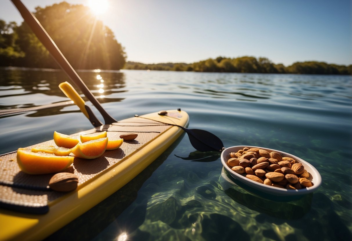 A paddleboard rests on calm water, surrounded by a variety of lightweight snacks such as nuts, fruit, and energy bars. The sun shines down, creating a serene and inviting atmosphere for a paddleboarding trip