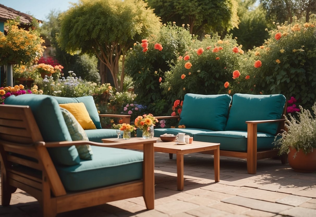 A sunny patio with a sleek dining set and comfortable lounge chairs, surrounded by lush greenery and colorful flowers
