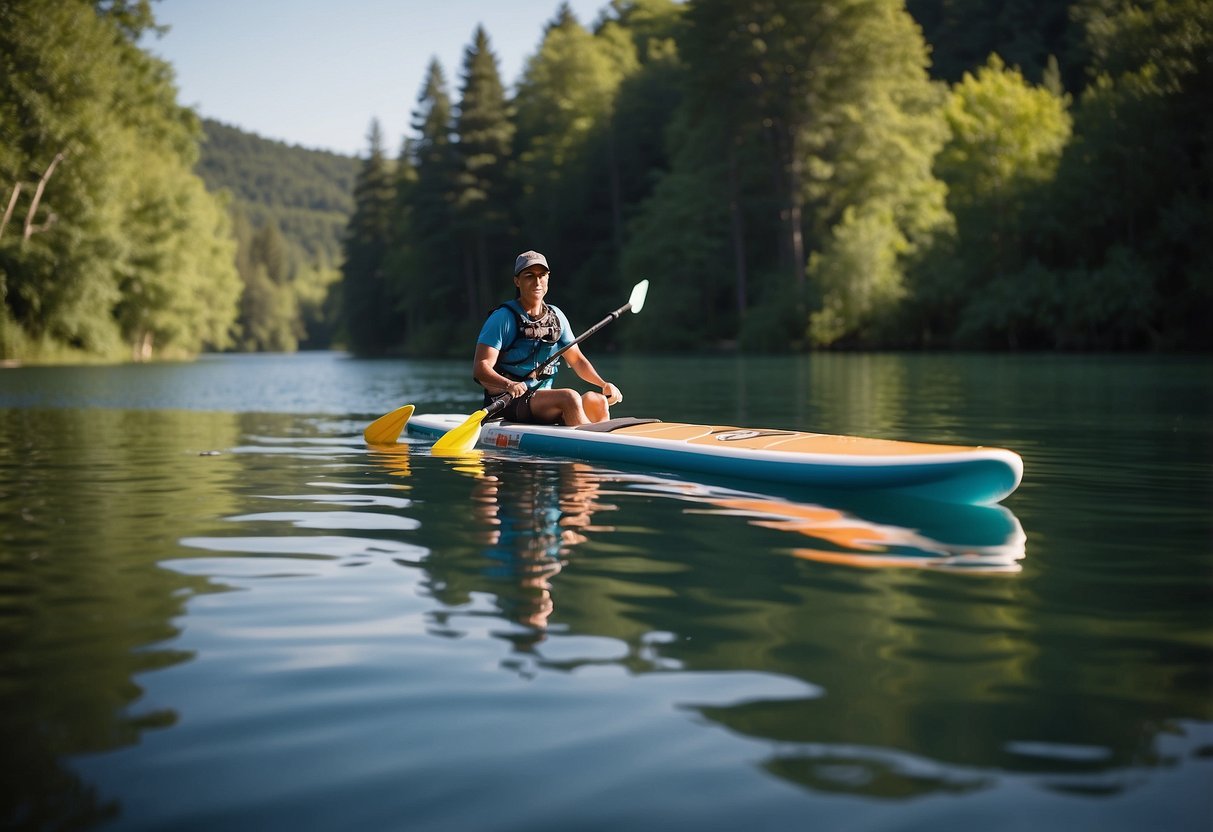 A paddleboarder opens a Kind Bar on a calm lake, surrounded by lush green trees and clear blue skies. A paddle and life jacket lay nearby