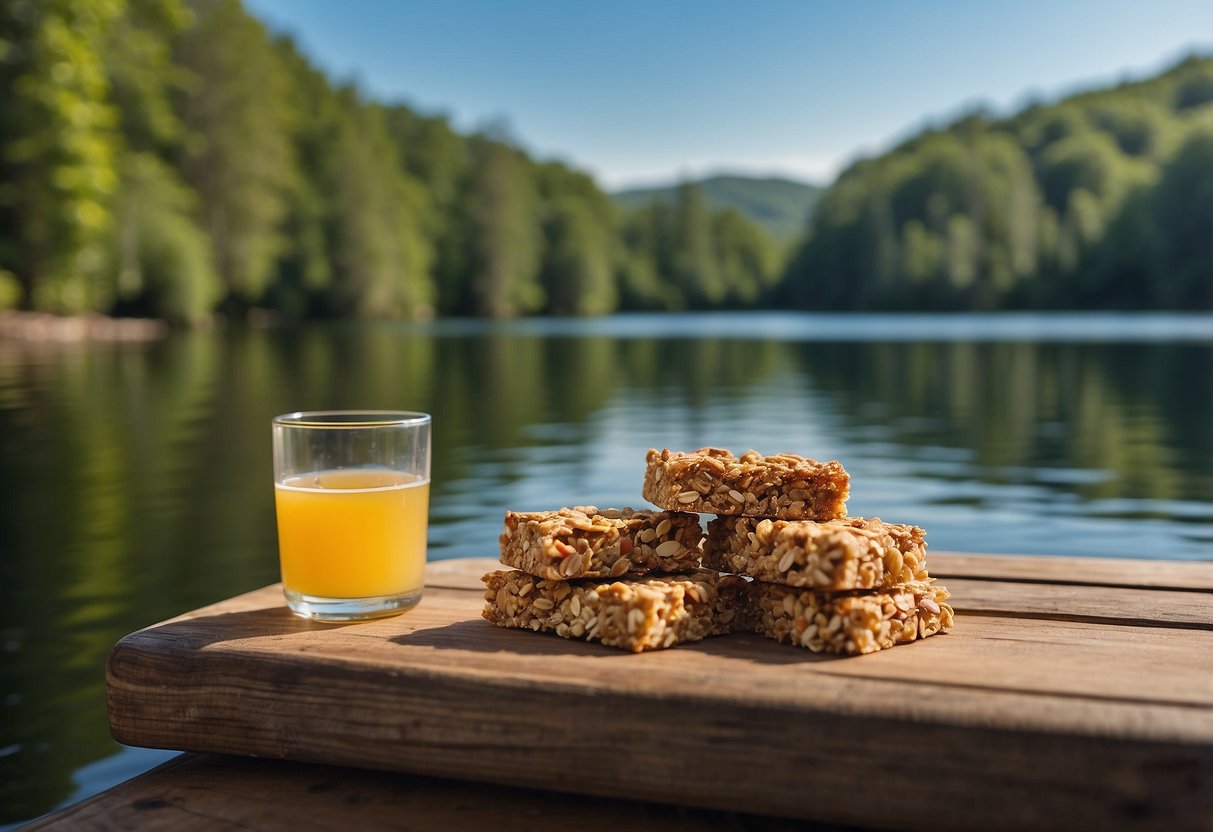 A peaceful lake with paddleboards floating on the water, surrounded by lush green trees and a clear blue sky. A stack of Nature Valley Crunchy Granola Bars sits on a picnic blanket nearby