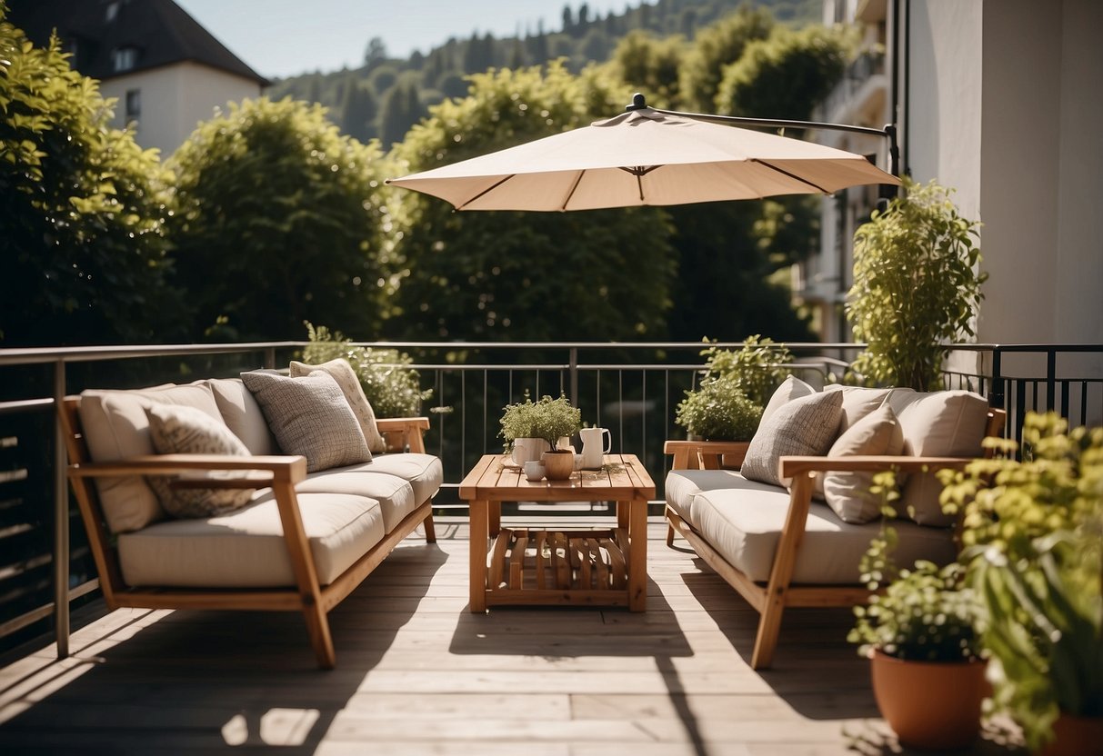 A sunny balcony with stylish outdoor furniture, surrounded by lush greenery. A variety of seating options and a small table for drinks and snacks