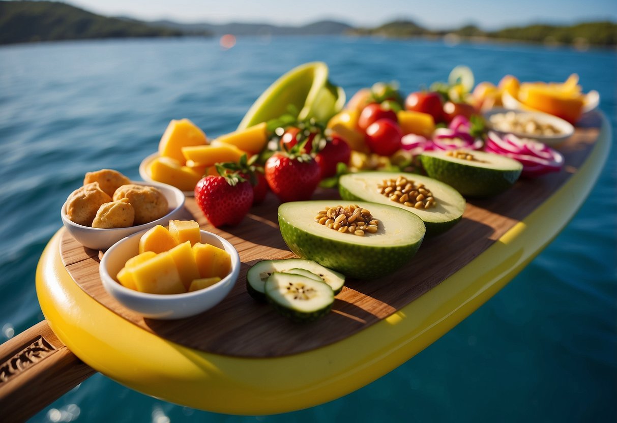 A colorful display of GoMacro MacroBars arranged on a paddleboard with the ocean in the background, showcasing a variety of flavors and lightweight snacks for paddleboarding trips