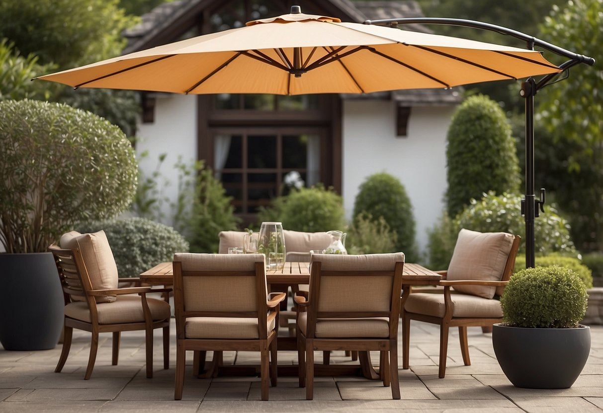 A patio umbrella shades a set of wooden garden furniture, shielded from the elements by waterproof covers